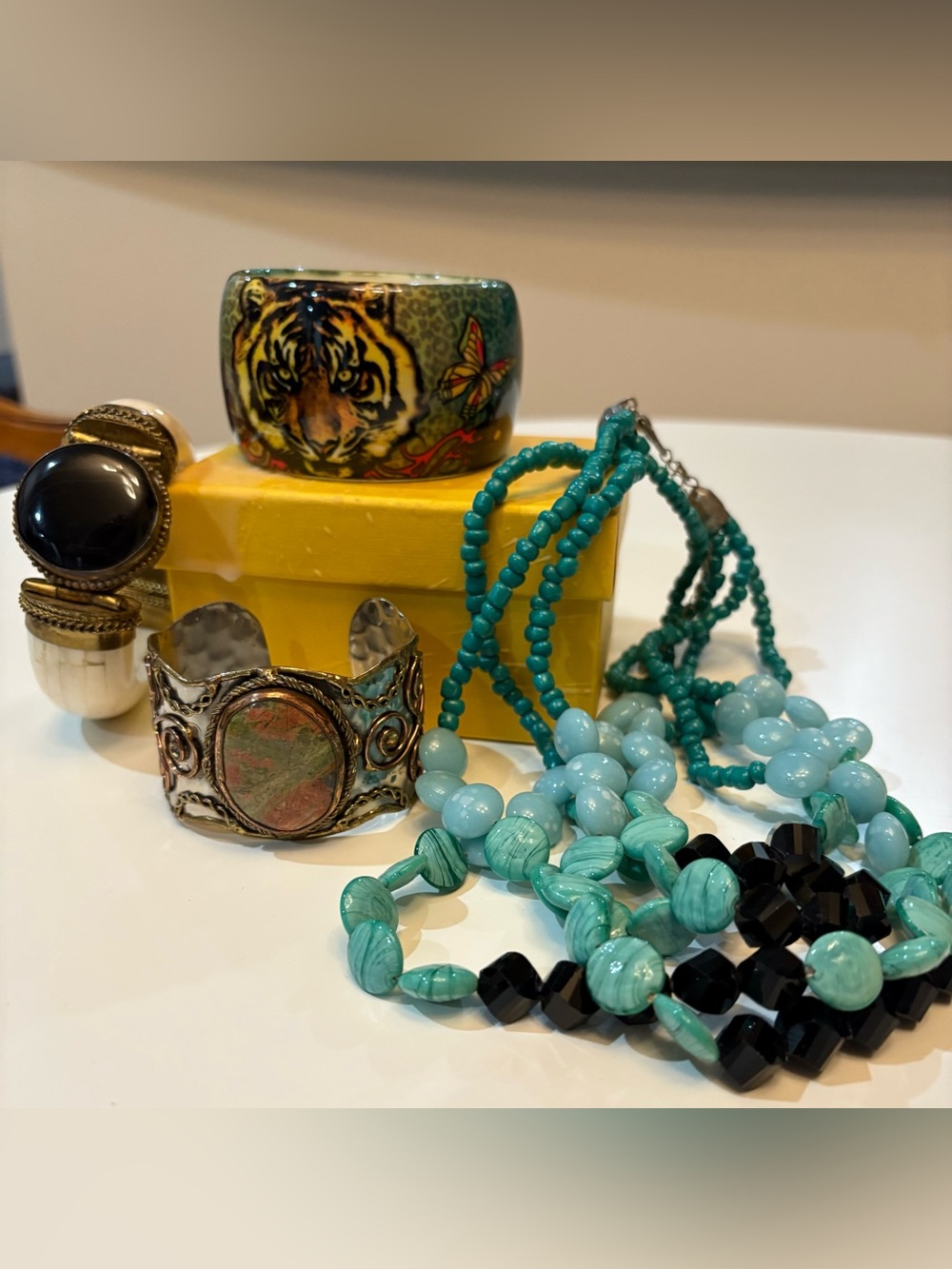 Faux turquoise & Black Beaded Multi-Strand Necklace with coordinating bracelets
